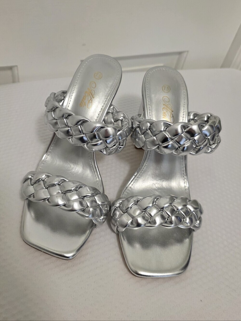 Mata Metallic Silver Braided Double-Strap Heeled Sandals Size 7.5